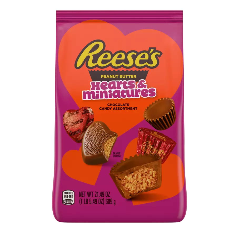 REESE'S Hearts & Miniatures Milk Chocolate Peanut Butter Assortment, 21.49 oz bag - Front of Package