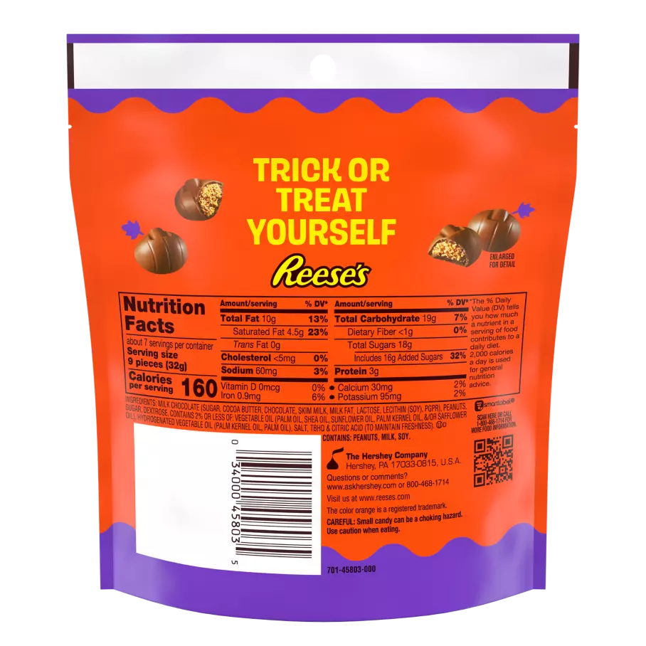 REESE'S Milk Chocolate Peanut Butter Mini Pumpkins, 7.6 oz bag - Back of Package