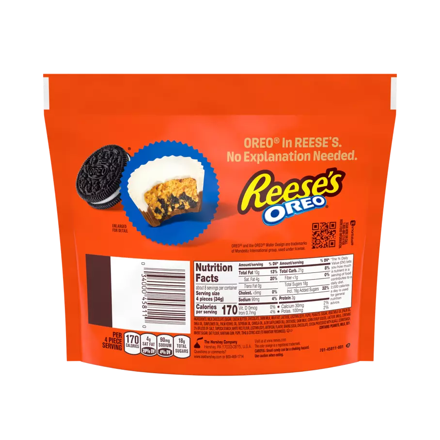 REESE'S OREO® Milk Chocolate Miniatures Peanut Butter Cups, 9 oz bag - Back of Package