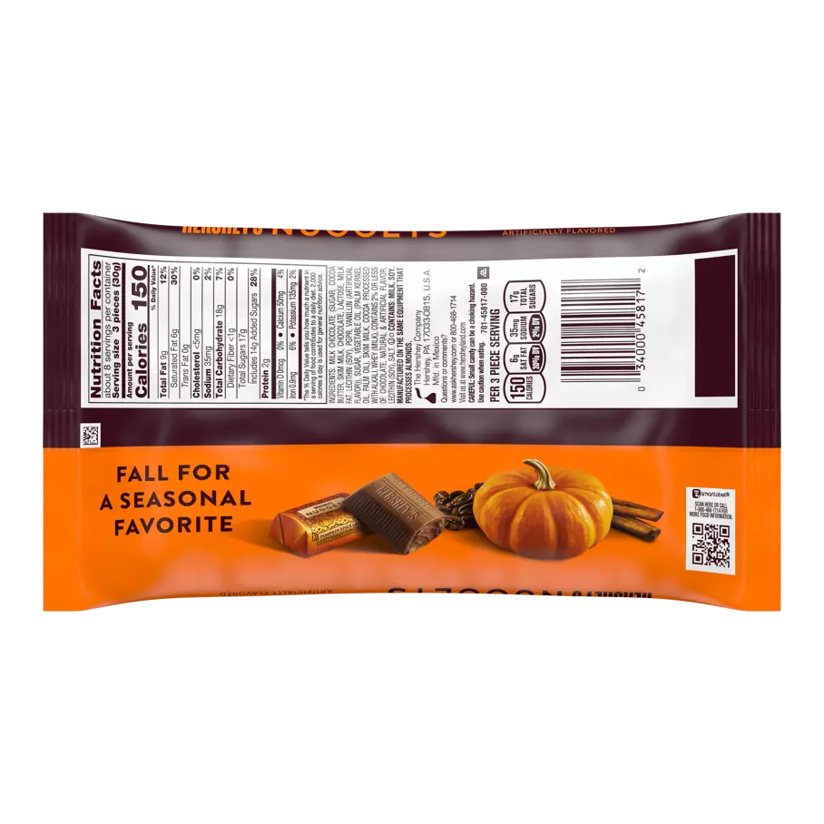 HERSHEY'S NUGGETS Milk Chocolate Pumpkin Spice Latte Flavored Candy, 8 oz bag - Back of Package