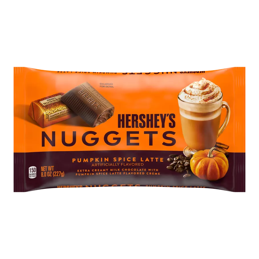 HERSHEY'S NUGGETS Milk Chocolate Pumpkin Spice Latte Flavored Candy, 8 oz bag - Front of Package