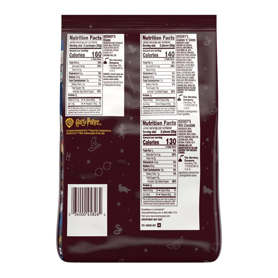 HERSHEY'S Assorted Chocolates Snack Size Harry Potter™ Limited Edition Candy Bars, 30.56 oz bag - Back of Package