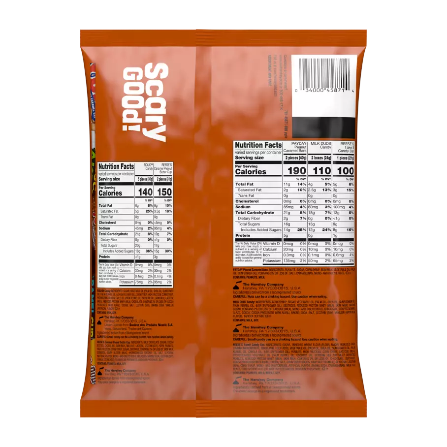 Hershey Halloween Caramel Lovers Assortment, 18.08 oz bag, 35 pieces - Back of Package
