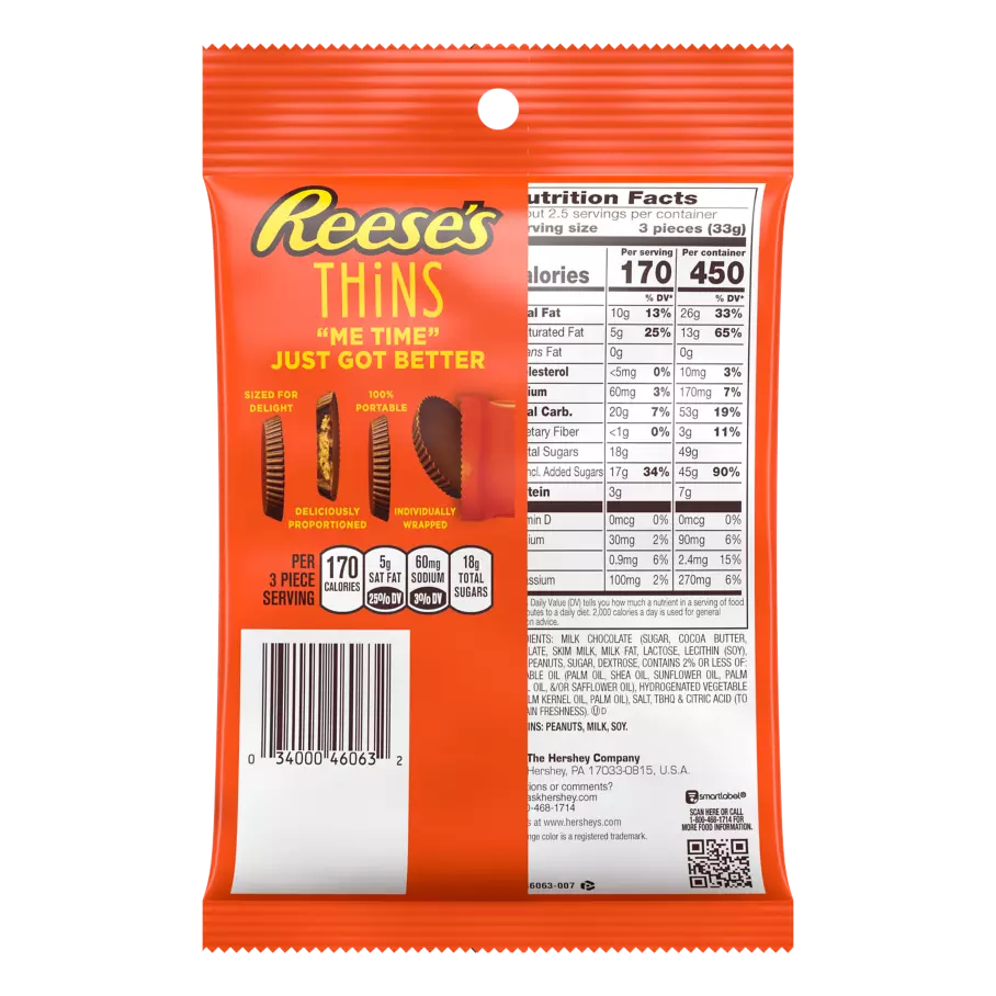 REESE'S THiNS Milk Chocolate Peanut Butter Cups, 3.1 oz bag - Back of Package