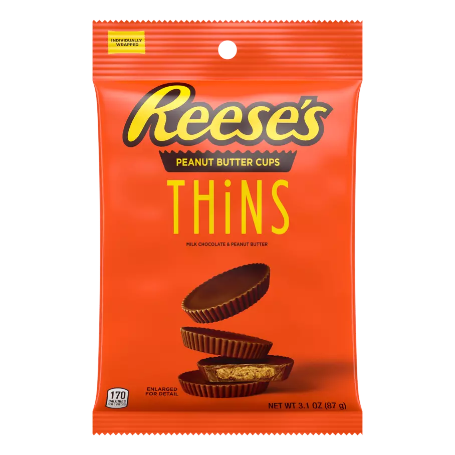 REESE'S THiNS Milk Chocolate Peanut Butter Cups, 3.1 oz bag - Front of Package