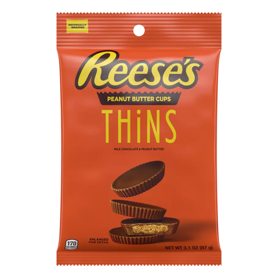 REESE'S THiNS Milk Chocolate Peanut Butter Cups, 3.1 oz bag - Front of Package