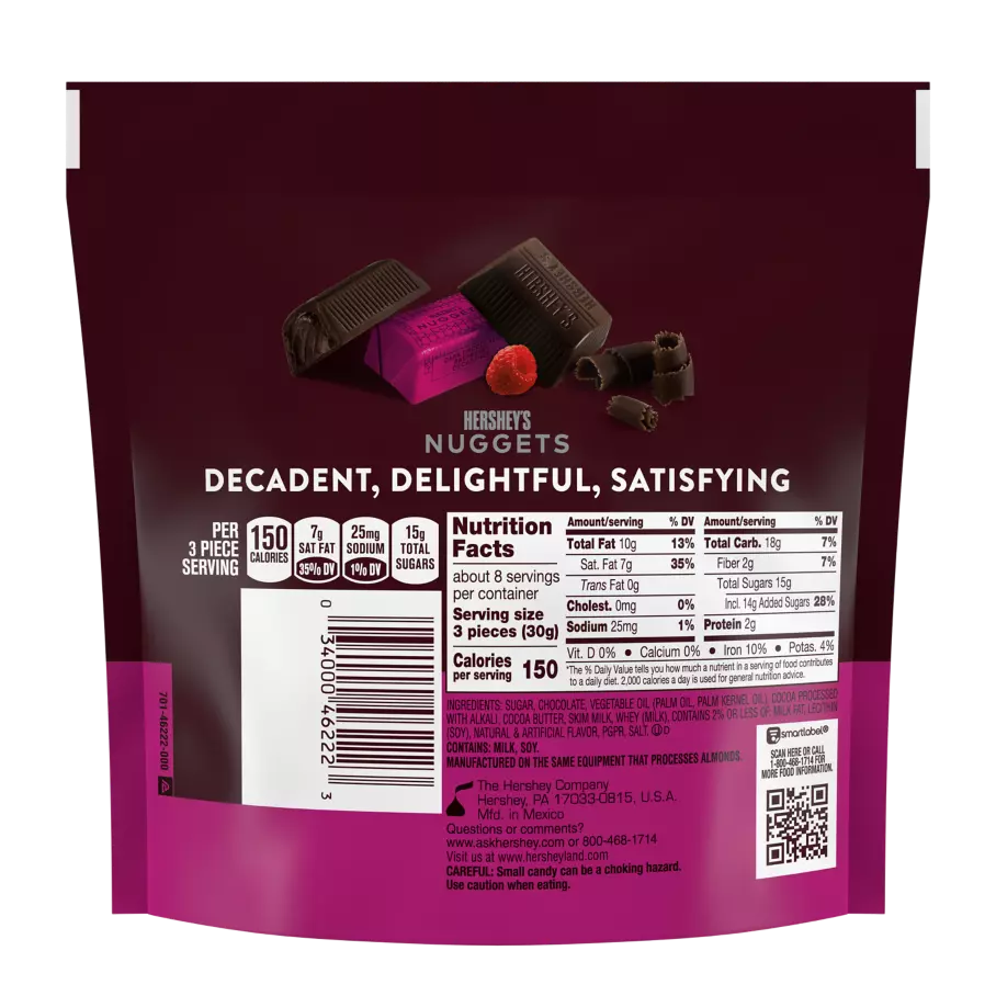 HERSHEY'S NUGGETS Dark Chocolate Raspberry Decadence Candy, 8.1 oz bag - Back of Package