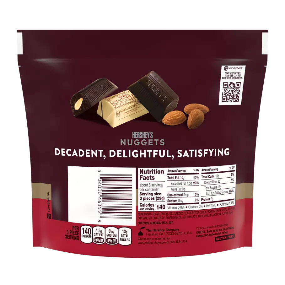 HERSHEY'S NUGGETS SPECIAL DARK Mildly Sweet Chocolate with Almonds Candy, 8.6 oz bag - Back of Package