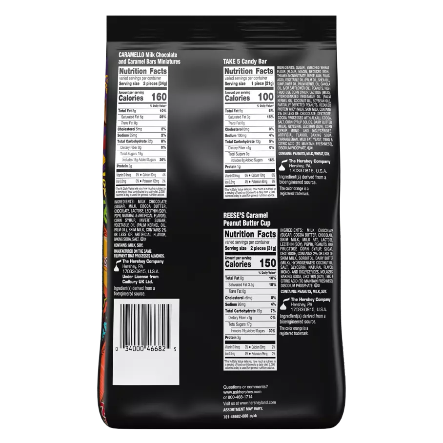 Hershey Halloween Caramel Lovers Assortment, 18.38 oz bag, 40 pieces - Back of Package