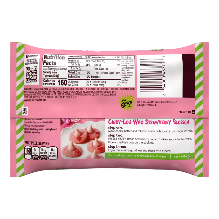 HERSHEY'S KISSES Cindy-Lou-Who Foils Strawberry Sugar Cookie Candy, 7.8 oz bag - Back of Package