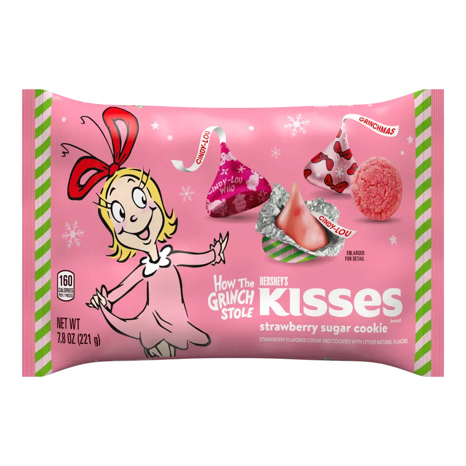 HERSHEY'S KISSES Cindy-Lou-Who Foils Strawberry Sugar Cookie Candy, 7.8 oz bag - Front of Package