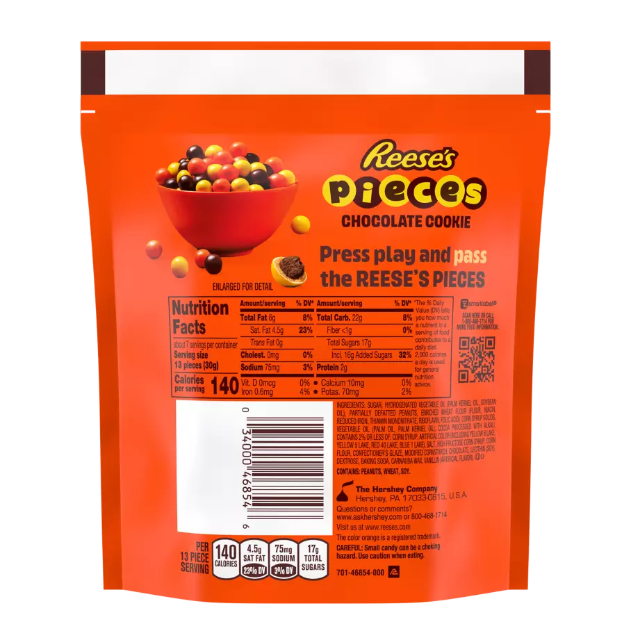 REESE'S PIECES Chocolate Cookie Candy, 7.6 oz bag - Back of Package