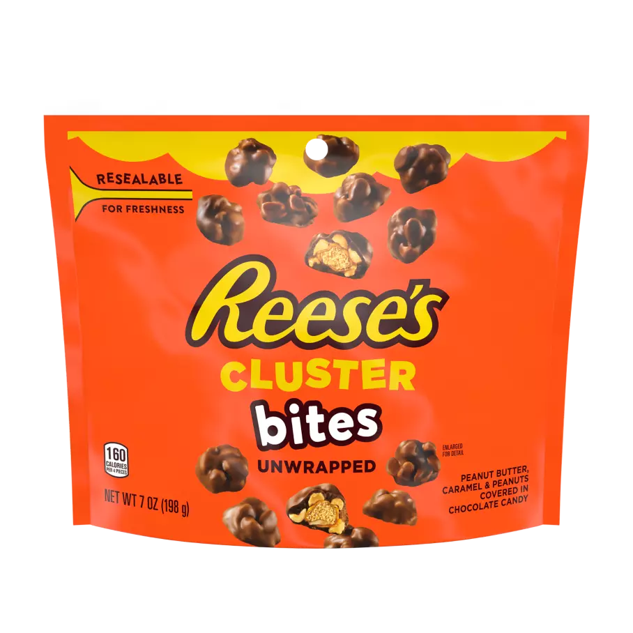 REESE'S Cluster Bites Peanut Butter, Caramel and Peanuts Candy, 7 oz bag - Front of Package