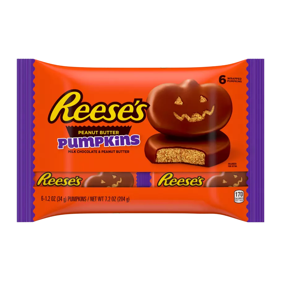 REESE'S Milk Chocolate Peanut Butter Pumpkins, 1.2 oz bag, 6 pack - Front of Package