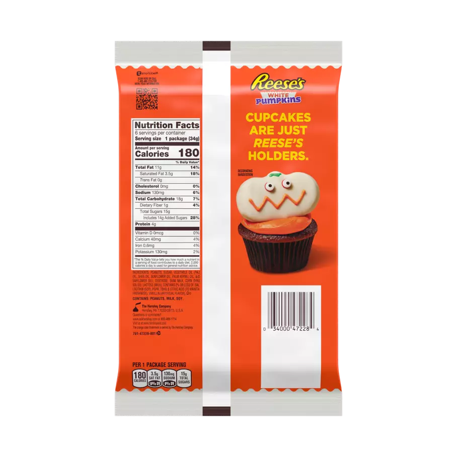 REESE'S White Creme Peanut Butter Pumpkins, 1.2 oz bag, 6 pack - Back of Package