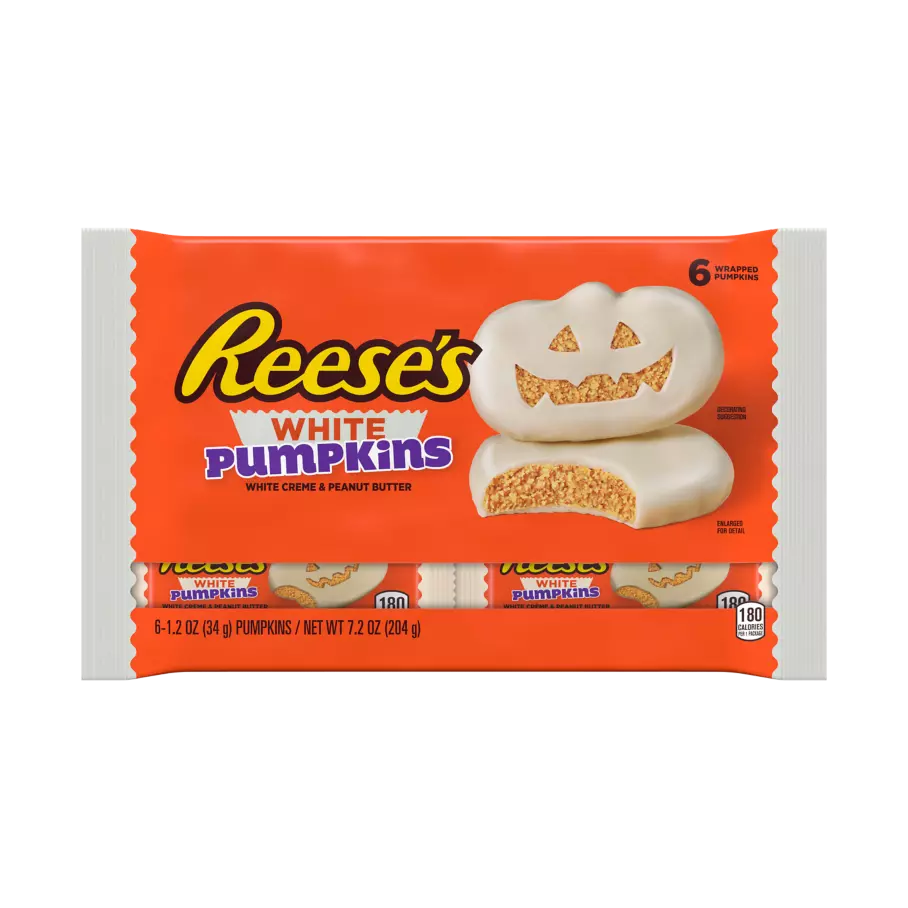 REESE'S White Creme Peanut Butter Pumpkins, 1.2 oz bag, 6 pack - Front of Package