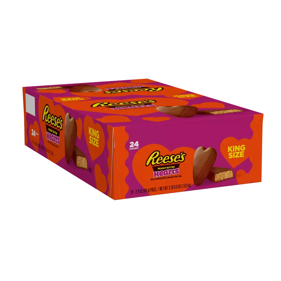 REESE'S Milk Chocolate Peanut Butter King Size Hearts, 2.4 oz, 24 count box - Front of Package