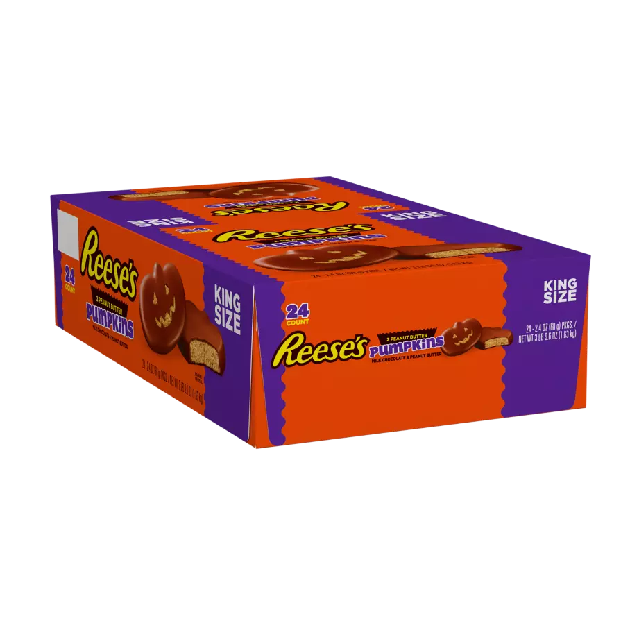 REESE'S Milk Chocolate Peanut Butter King Size Pumpkins, 2.4 oz, 24 count box - Front of Package