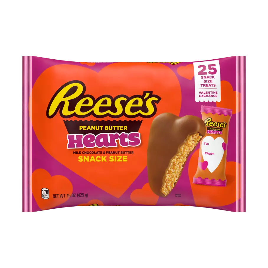 REESE'S Milk Chocolate Peanut Butter Snack Size Hearts, 15 oz bag, 25 pieces - Front of Package