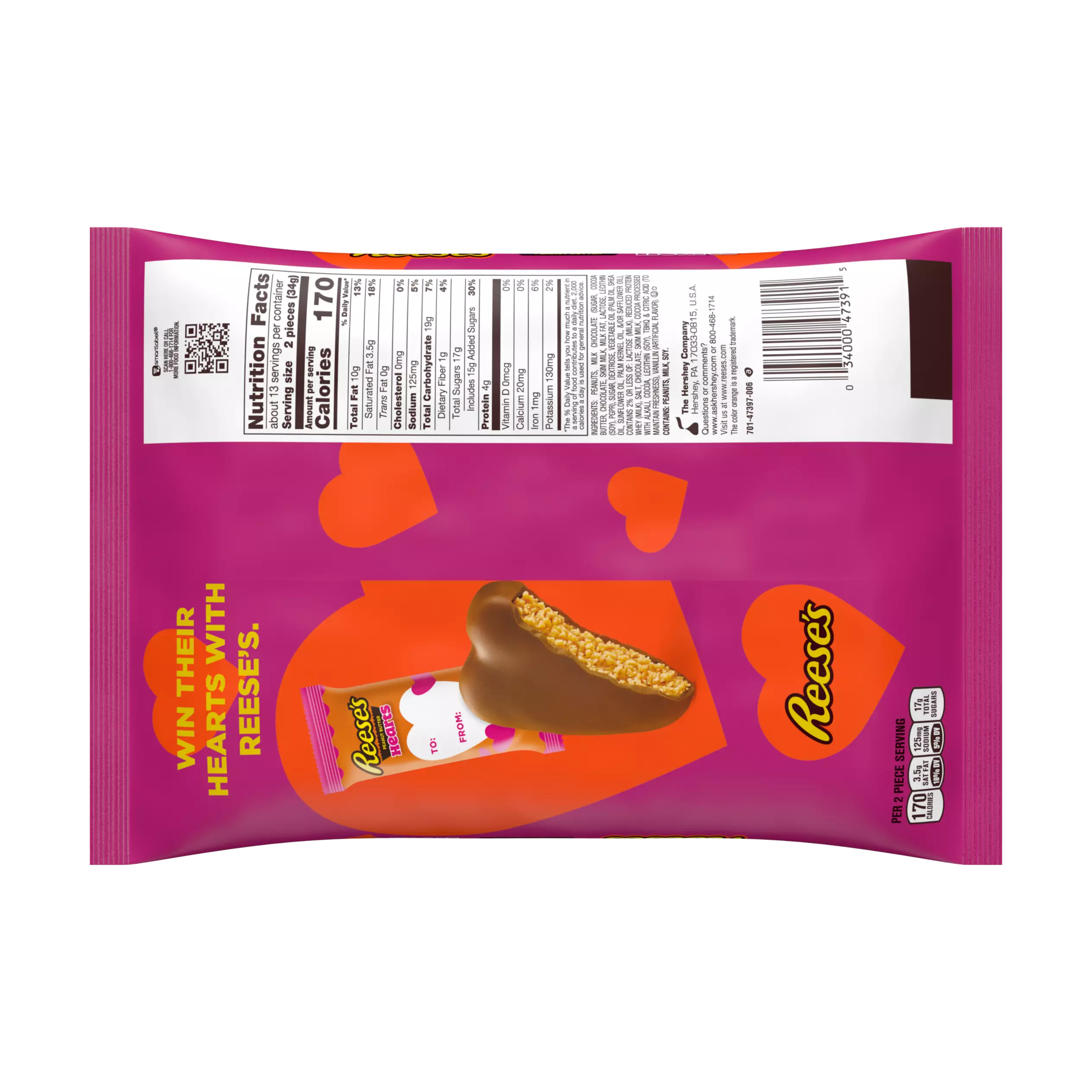 REESE'S Milk Chocolate Peanut Butter Snack Size Hearts, 15 oz bag, 25 pieces - Back of Package