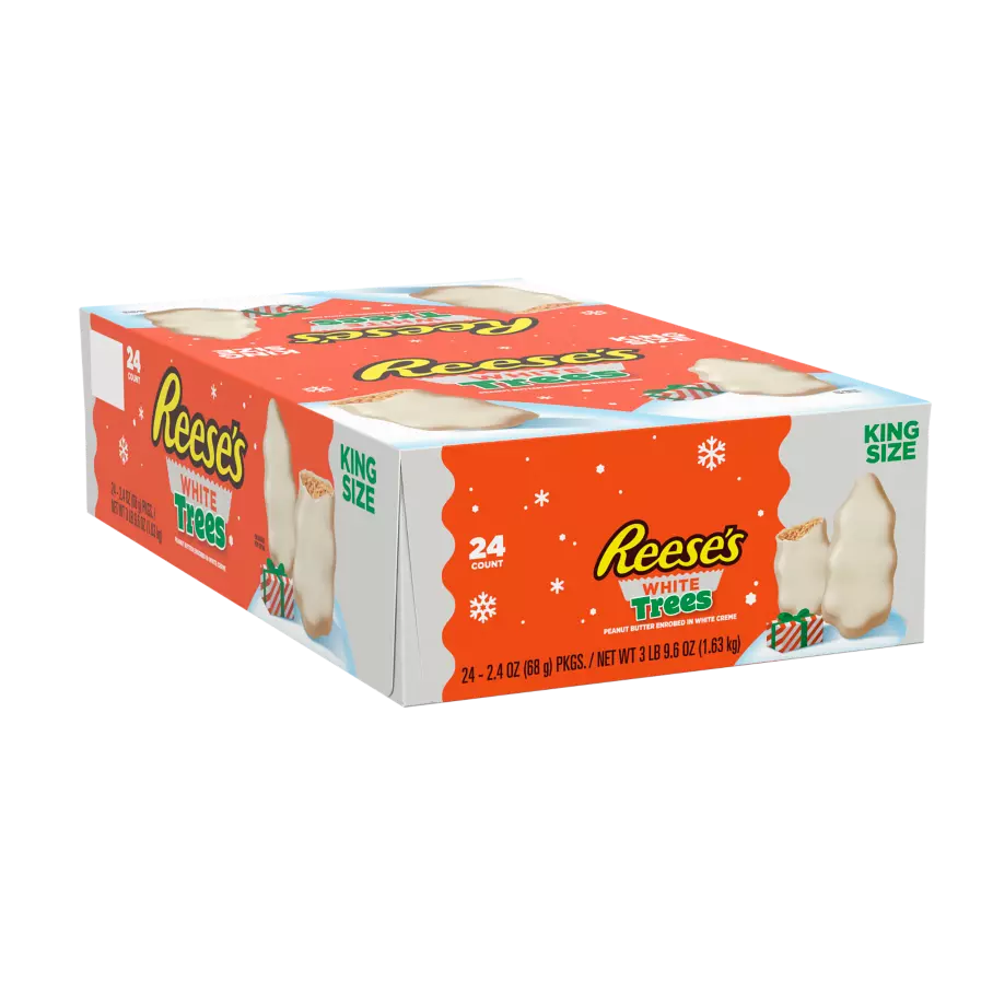 REESE'S White Creme Peanut Butter King Size Trees, 2.4 oz, 24 count box - Front of Package