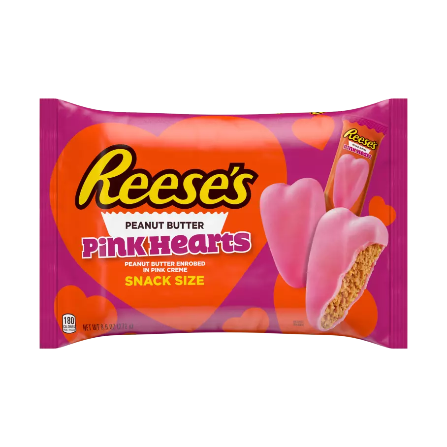 REESE'S Peanut Butter Pink Creme Snack Size Hearts, 9.6 oz bag - Front of Package