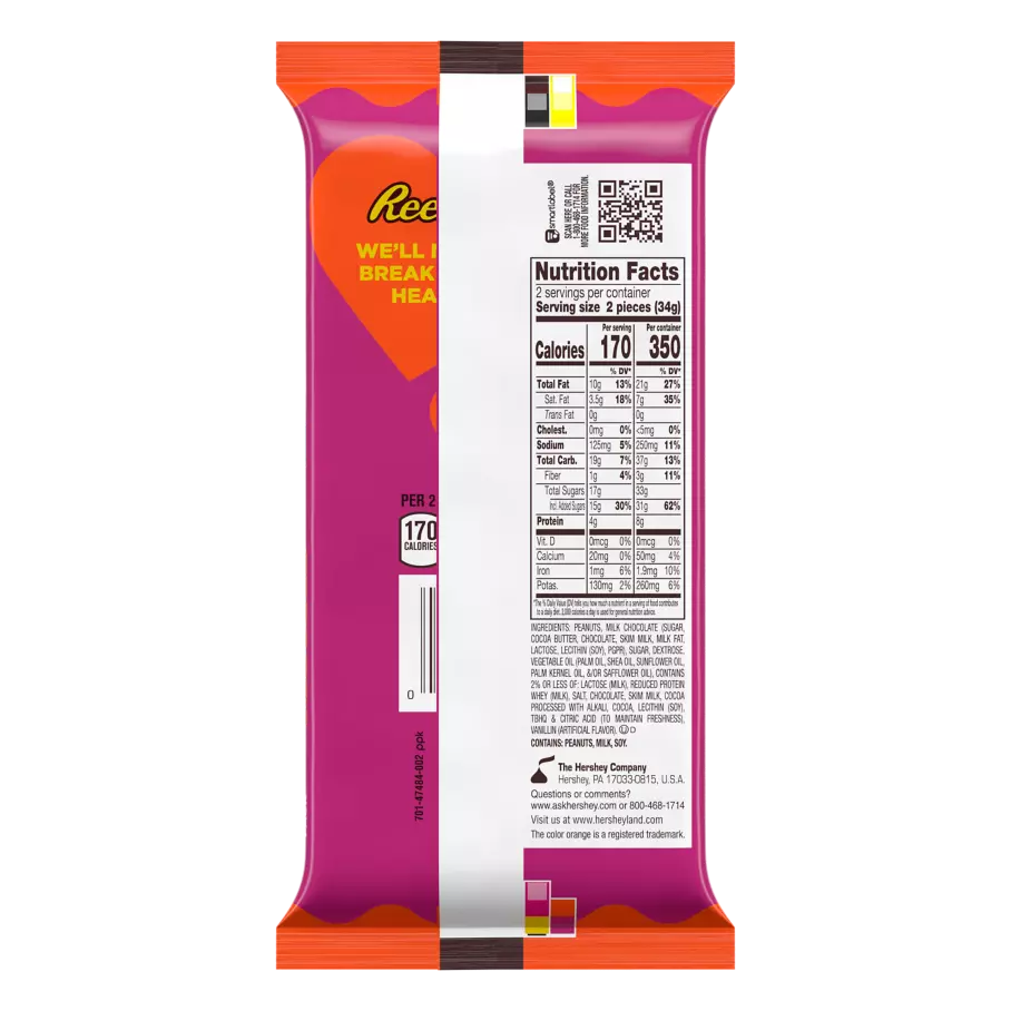 REESE'S Milk Chocolate Peanut Butter Snack Size Hearts, 2.4 oz, 4 pack - Back of Package