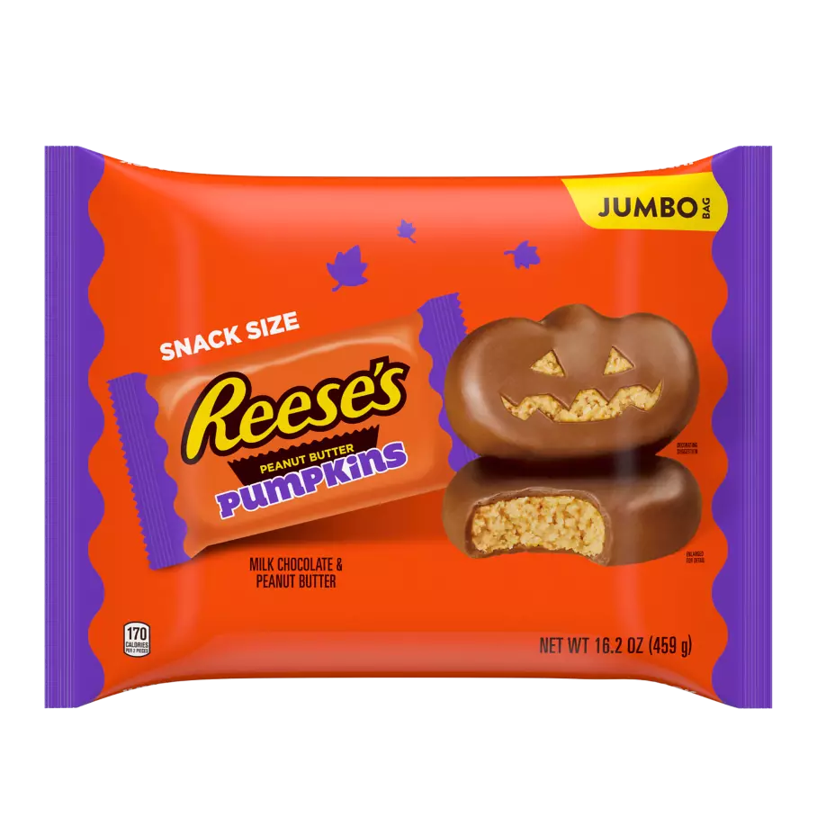 REESE'S Milk Chocolate Peanut Butter Snack Size Pumpkins, 16.2 oz jumbo bag - Front of Package