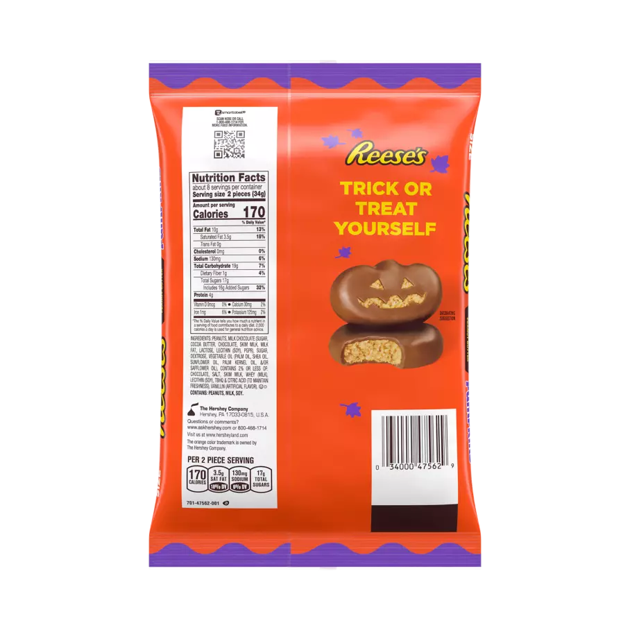 REESE'S Milk Chocolate Peanut Butter Snack Size Pumpkins, 9.6 oz bag - Back of Package