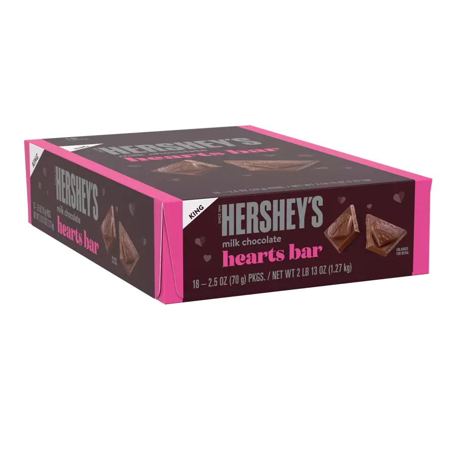 HERSHEY'S Milk Chocolate King Size Hearts Bars, 2.5 oz, 18 count box - Front of Package