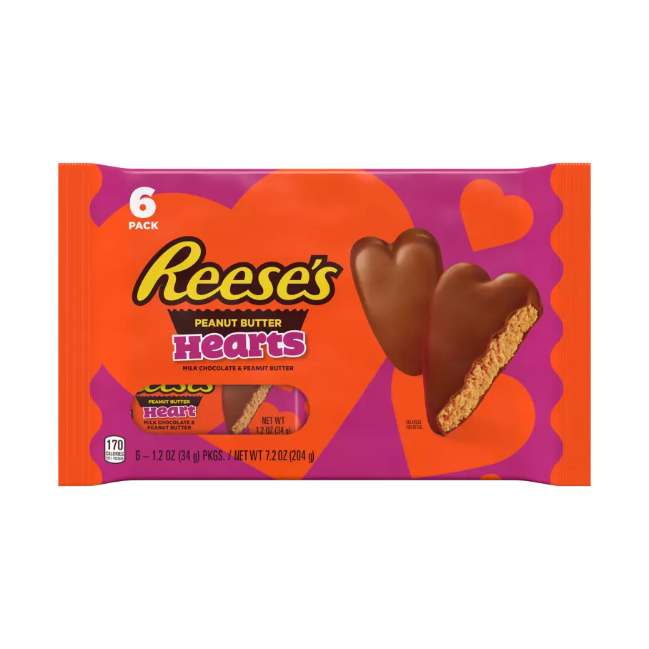 REESE'S Milk Chocolate Peanut Butter Hearts, 1.2 oz, 6 pack - Front of Package