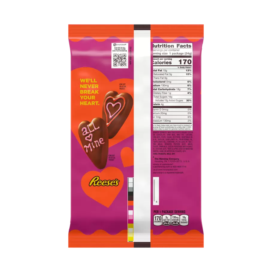 REESE'S Milk Chocolate Peanut Butter Hearts, 1.2 oz, 6 pack - Back of Package