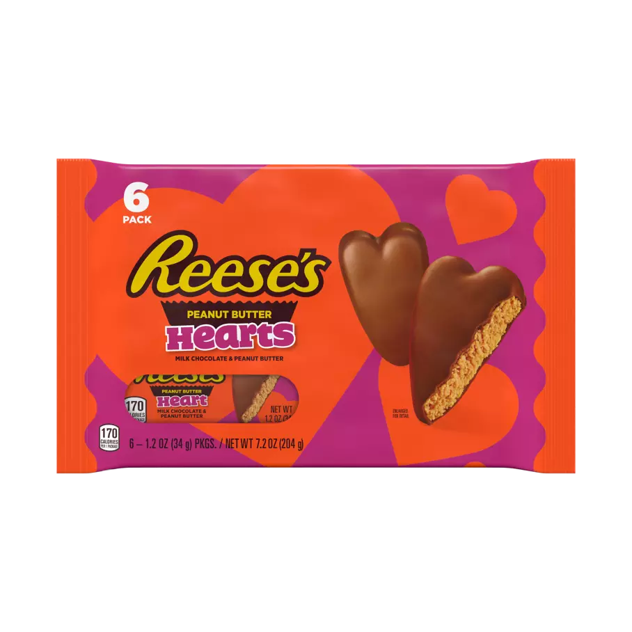 REESE'S Milk Chocolate Peanut Butter Hearts, 1.2 oz, 6 pack - Front of Package