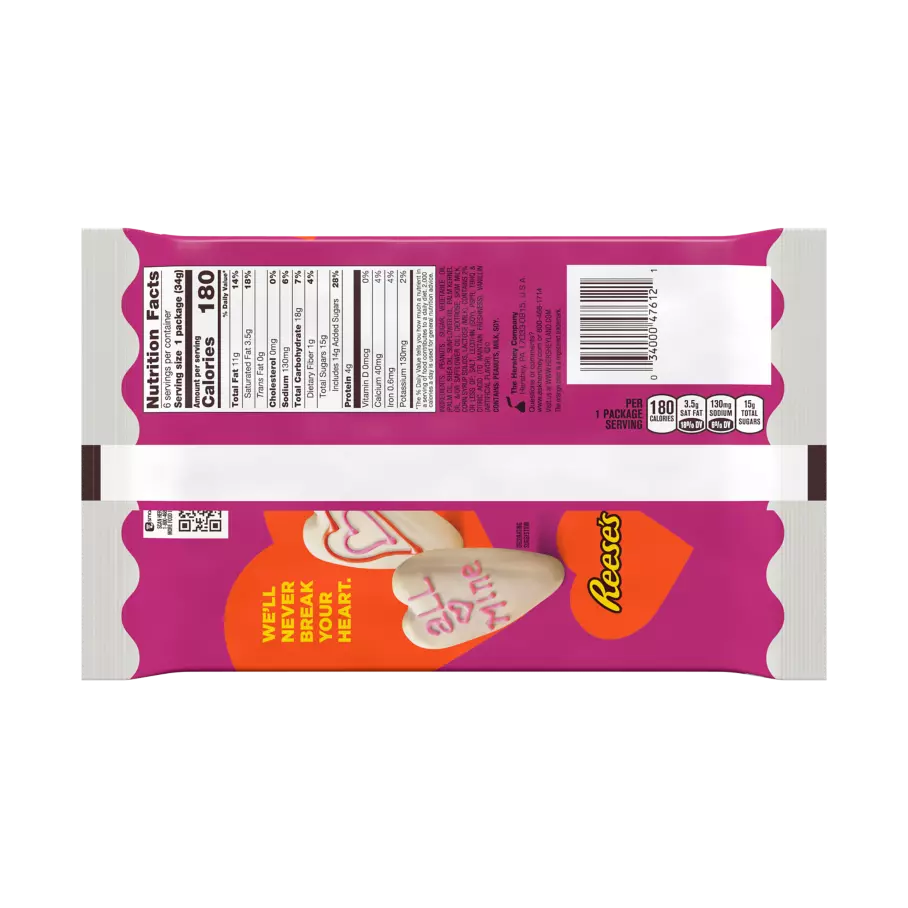 REESE'S White Creme Peanut Butter Hearts, 1.2 oz, 6 pack - Back of Package