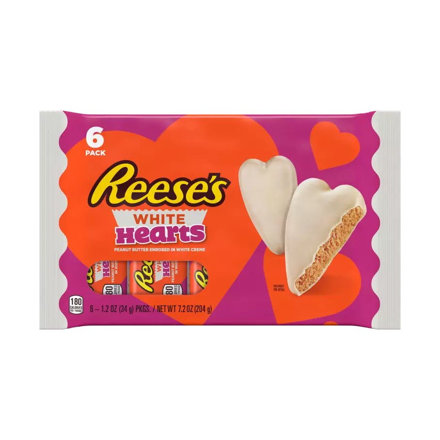 REESE'S White Creme Peanut Butter Hearts, 1.2 oz, 6 pack - Front of Package