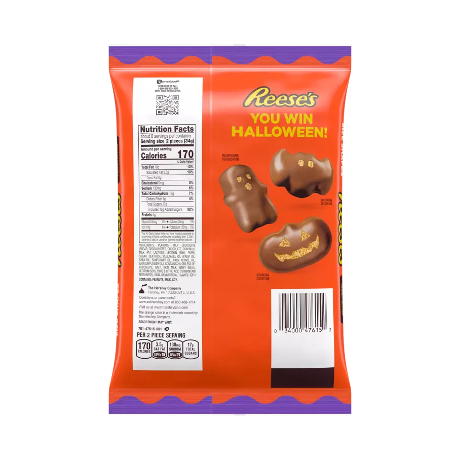 REESE'S Halloween Milk Chocolate Peanut Butter Snack Size Assorted Shapes, 9 oz bag - Back of Package