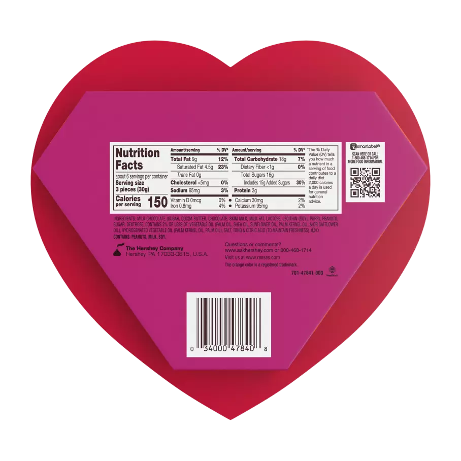 REESE'S Milk Chocolate Peanut Butter Hearts, 6.5 oz box - Back of Package