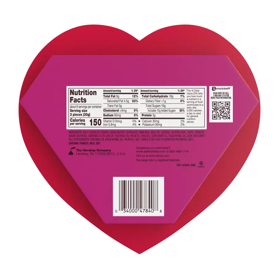 REESE'S Milk Chocolate Peanut Butter Hearts, 6.5 oz gift box - Back of Package