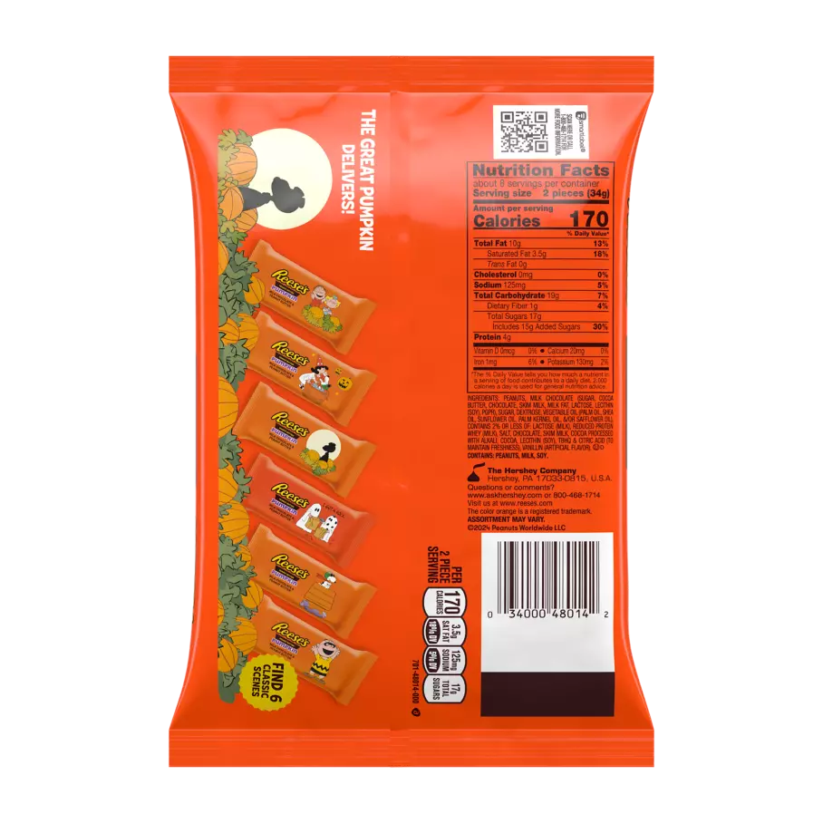 REESE'S Snoopy™ & Friends Wrappers Milk Chocolate Peanut Butter Snack Size Pumpkins, 9 oz bag - Back of Package