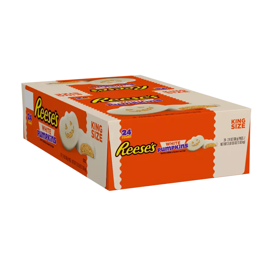 REESE'S White Creme Peanut Butter King Size Pumpkins, 2.4 oz, 24 count box - Front of Package