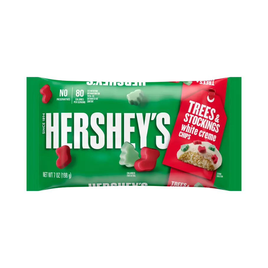 HERSHEY'S Trees & Stockings White Creme Chips, 7 oz bag - Front of Package