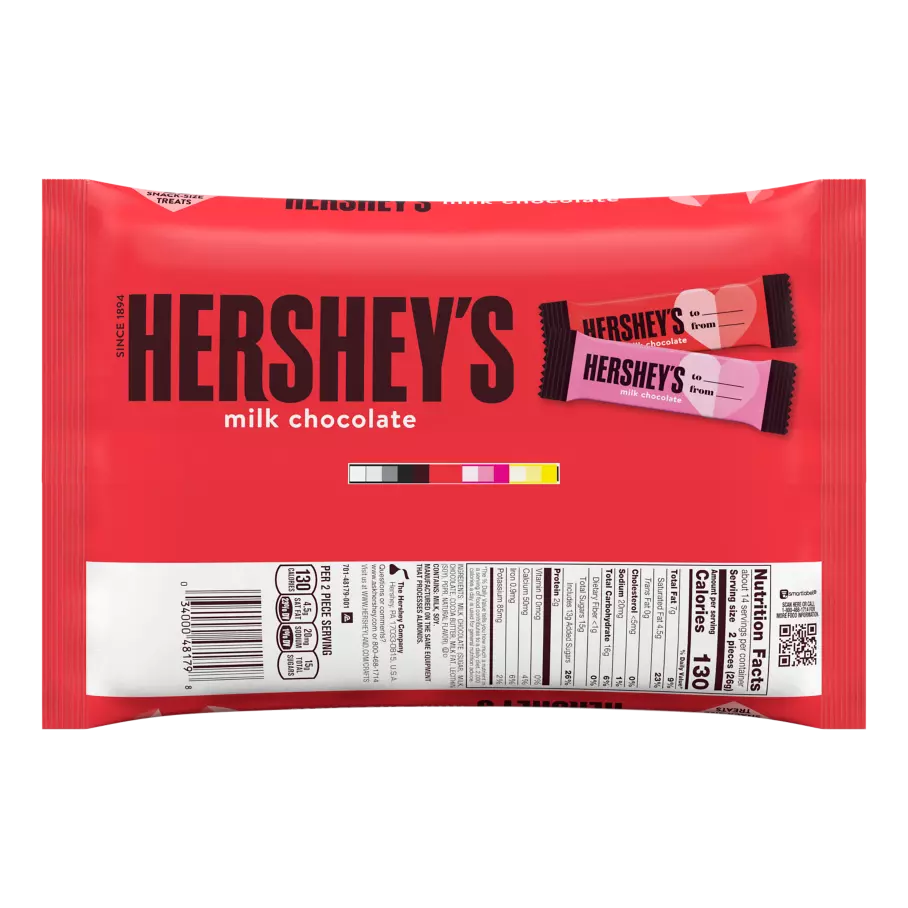 HERSHEY'S Valentine's Milk Chocolate Snack Size Candy Bars, 12.6 oz bag, 28 pieces - Back of Package