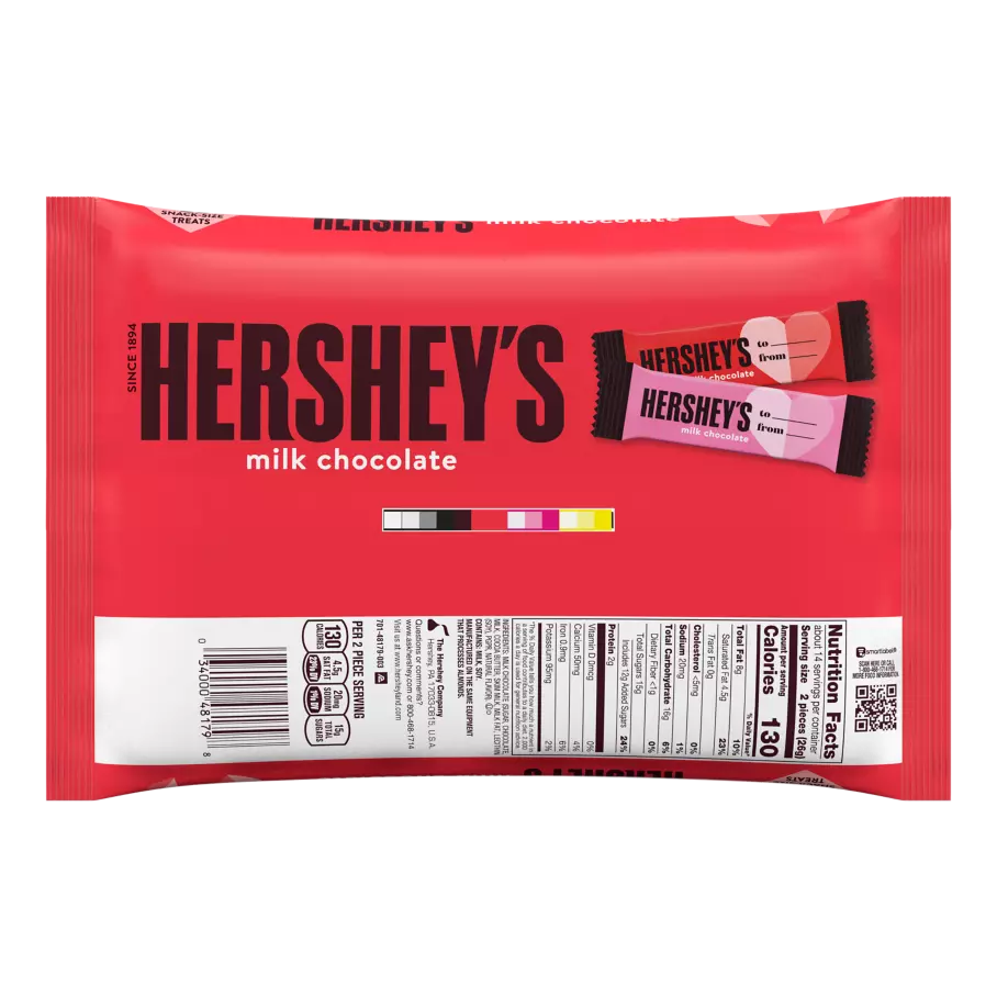 HERSHEY'S Valentine's Milk Chocolate Snack Size Candy Bars, 12.6 oz bag, 28 pieces - Back of Package
