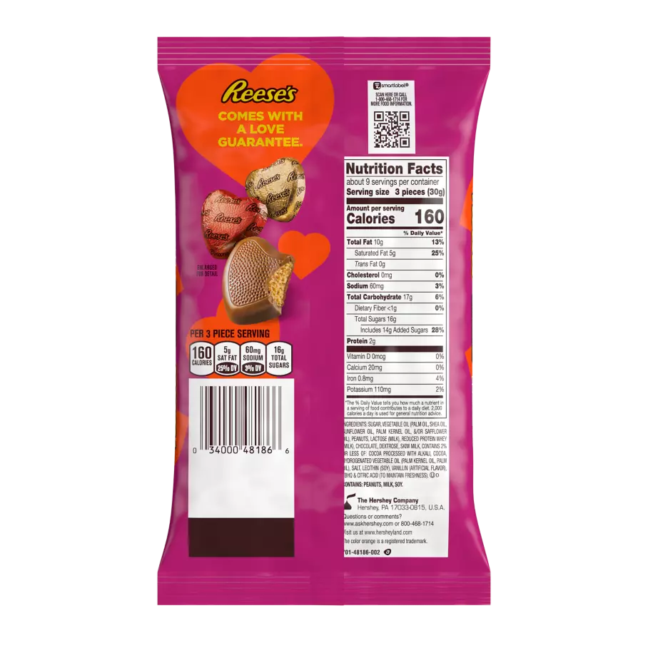 REESE'S Milk Chocolate Peanut Butter Hearts, 9.1 oz bag - Back of Package