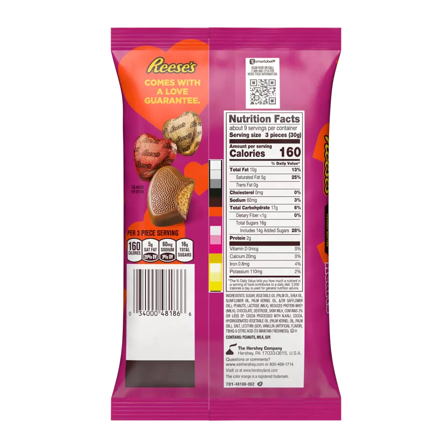 REESE'S Chocolate Peanut Butter Hearts, 9.1 oz bag - Back of Package