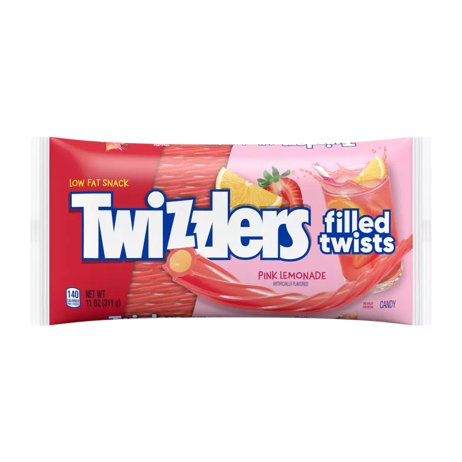 TWIZZLERS Filled Twists Pink Lemonade Flavored Candy, 11 oz bag - Front of Package