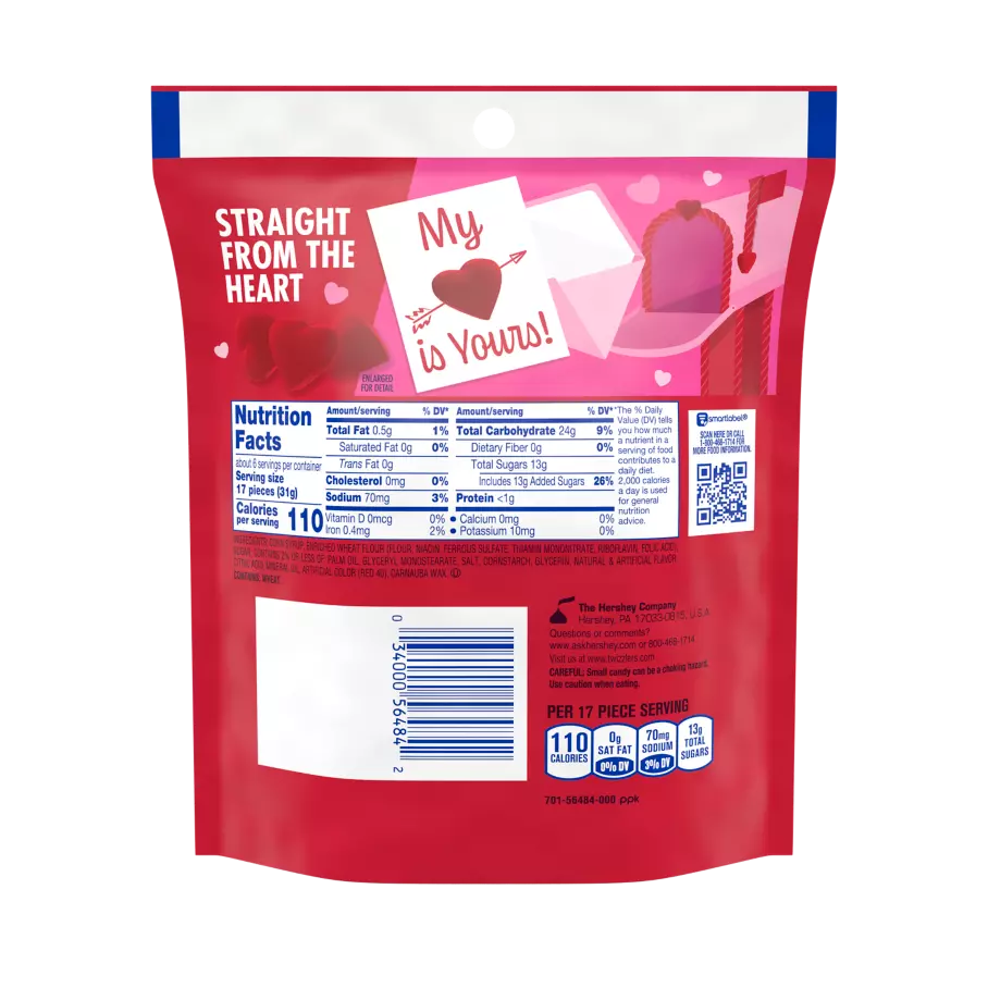 TWIZZLERS Hearts Cherry Candy, 7.1 oz bag - Back of Package