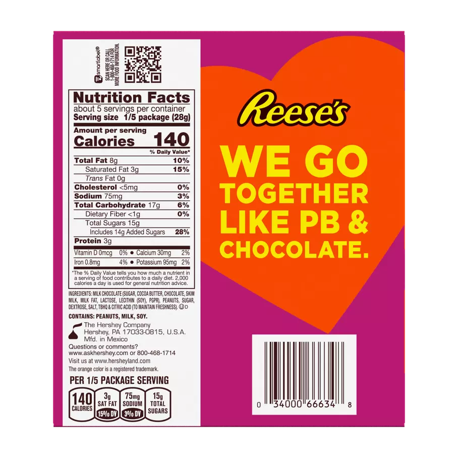 REESE'S Milk Chocolate Peanut Butter Heart, 5 oz box - Back of Package