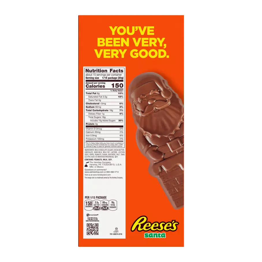 REESE'S Milk Chocolate Peanut Butter Santa, 16 oz box - Back of Package