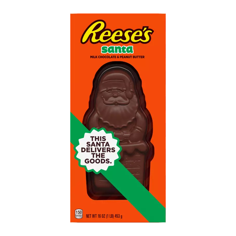 REESE'S Milk Chocolate Peanut Butter Santa, 16 oz box - Front of Package